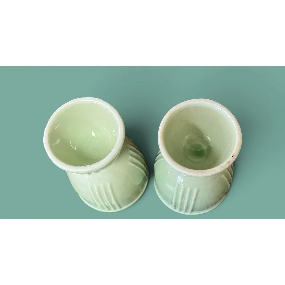 2 Hamkscraft Vintage Porcelain Ceramic Double Egg Cups Ribbed Pastel Green Mint